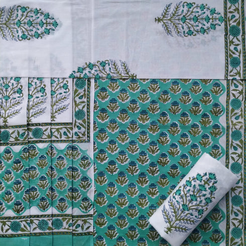 Elegant Hand Block Print Cotton Suit Set with Mulmul Dupatta (PRMUL47)